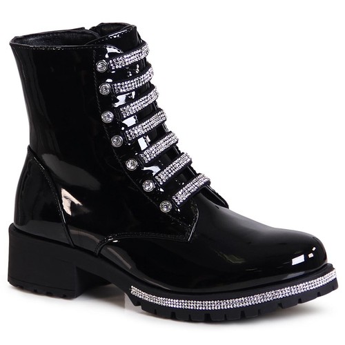 Damenschuhe Lack Stiefeletten Glitzer Worker Biker Boots Plateau Combat Booties - Bild 7 von 11