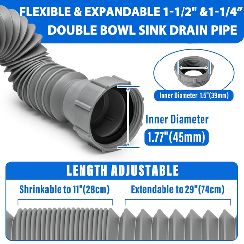 Double Sink Drain Kit, Flexible Sink Drain Pipe 1-1/2 & 1-1/4 P Trap Fits Sink B - Picture 2 of 12