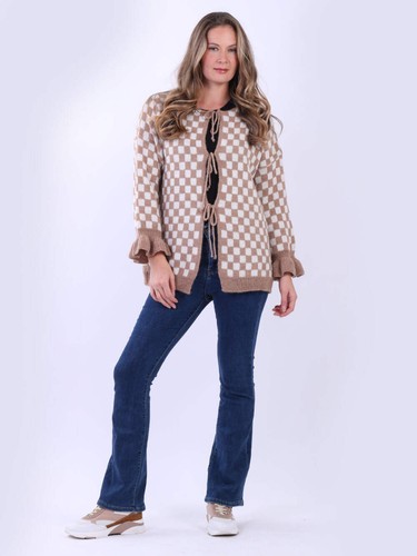 Check Print Front Tied Knitted Jumper Open Front Bell Sleeves Wooly Cardigan - Picture 20 of 22
