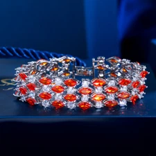 Silver Plated CZ Wide Red White Crystal Chain Link Tennis Leaf Bracelet for Lady