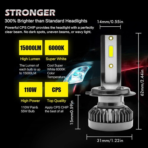 110W H7 Car LED Headlight Bulbs Lamps Kit Globe Beam 20000LM Xenon Replace 6000K - Picture 4 of 12