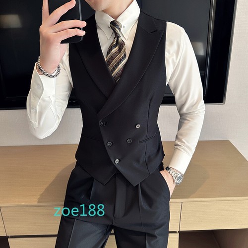 Mens Vest British Slim Fit V Lapel Collar Double Breasted Vest Pant 2 Pc Suits - Picture 11 of 27
