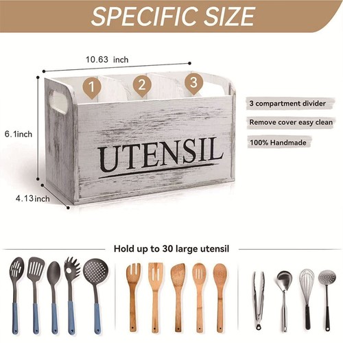 Extra Large Kitchen Utensils Holder with 3 Compartments Wooden Utensil Organizer - Picture 4 of 10
