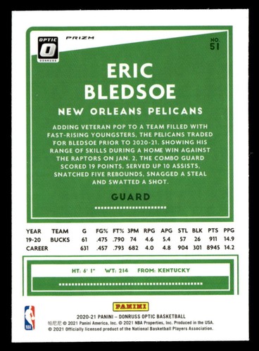 Eric Bledsoe 2020 Donruss Optic Prizm Fast Break Disco Card #51 New Orleans - Picture 2 of 2