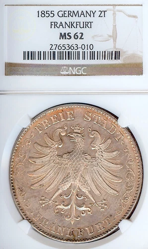 German States Frankfurt 1855 Two Talers Coin Thaler NGC MS 62 VZ/F.STG UNC RARE