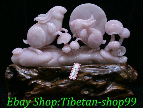 15" Natural Xiu Pink Jade Carve 12 Zodiac Rabbit Hare Mushroom Animal Statue