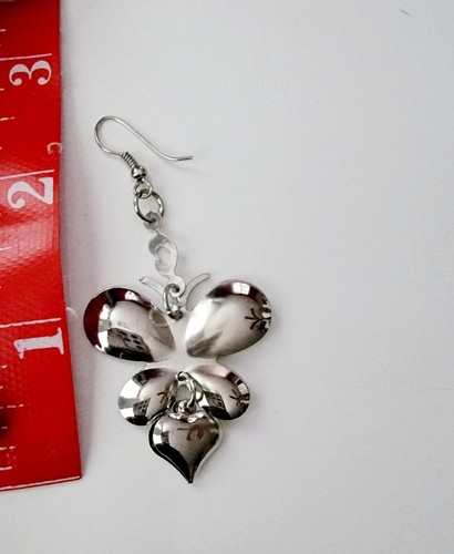 BUTTERFLY & HEART SHAPED DANGLING EARRINGS Silver Tone - Picture 2 of 2