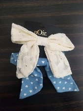 2 NOIR Hair Clips Bow Tie Ivory White Lace & Blue Heart Print Denim Nordstrom