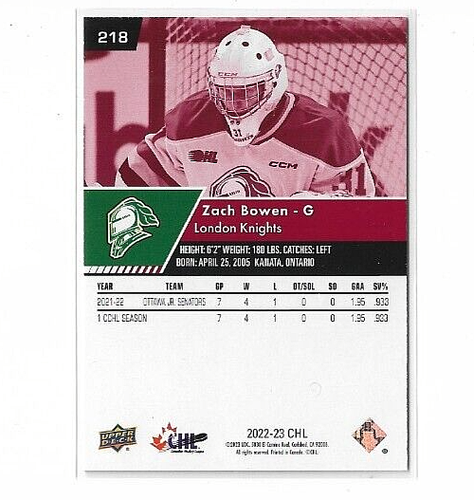 2022-23 Upper Deck CHL Zach Bowen Exclusives #'D 053/100 #218 - Picture 2 of 2
