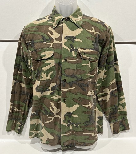 Vintage 70s Ranger Camo Camouflage Shirt Button Up Mens Size M Hunting Outdoors - Picture 1 of 9