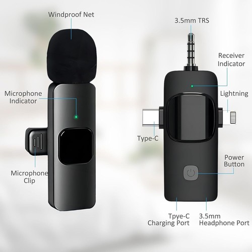 4in1 Wireless Mini Lavalier Microphone Video Recording for iPhone Android USB-C - Picture 9 of 13