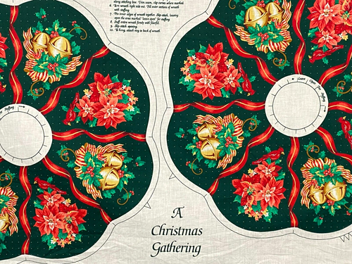 A Christmas Gathering Wreath Fabric Panel Holly Bells Poinsettia Holiday A - Picture 6 of 7