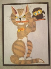 Kitsch Style Angry Cat Playing Flute With Bird Felt Vintage 19"x 25" Art Framed 