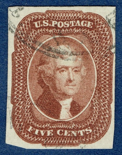 [st7082] USA 1856 #12 Used 5c Jefferson Red Brown cv:$775 (W.T.Crowe Expertise) - Picture 1 of 3