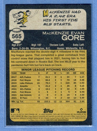 Tarjeta de novato MacKenzie Gore 2022 Topps Heritage número alto #565 nacionales QTY de radiocontrol - Imagen 2 de 2