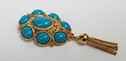 Broche Vintage Imitación Turquesa Cabujón Tono Dorado con Borla 3-5/8" Largo - Imagen 8 de 22