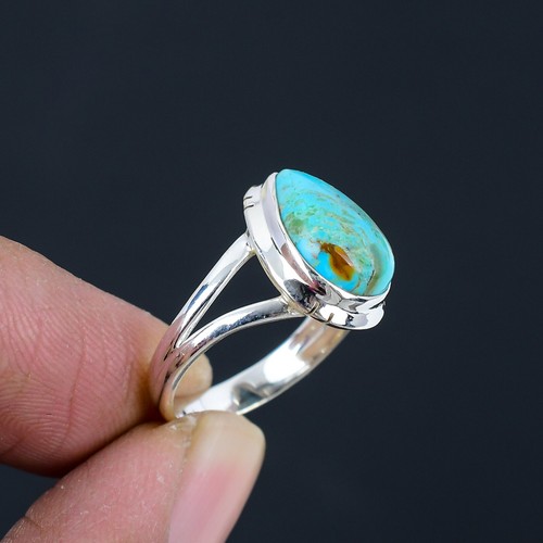 Anillo de vástago dividido de plata esterlina 925 maciza con piedras preciosas turquesa HR-026 - Imagen 2 de 5