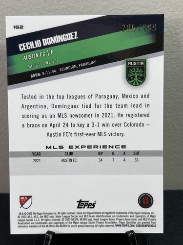 2022 Topps Chrome CECILIO DOMINGUEZ Aqua X-Fractor #162 - 285/299 Austin FC - Picture 2 of 2