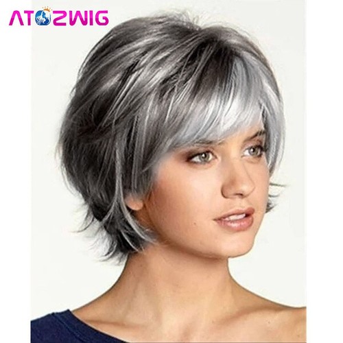 Short Pixie Cut Gray Wigs With White Hair Bangs Synthetic Hair Natural Full Wig