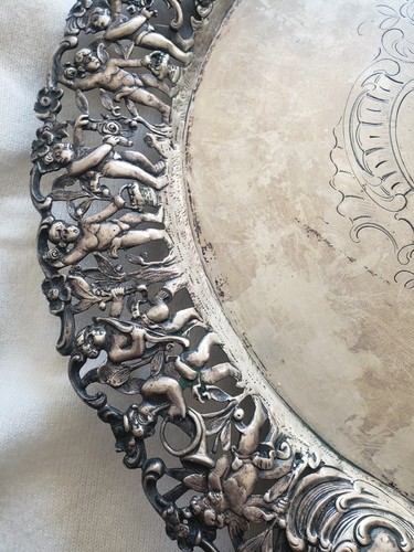 Wienrank & Schmidt Hanau 4 Footed C1889 Silver Platter w/Putti Pierced Trim 15" - Picture 8 of 16