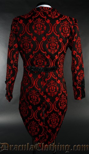 Dracula Clothing Red Brocade Victorian Steampunk Goth Fishtail Tailcoat 1-13 - Picture 3 of 4