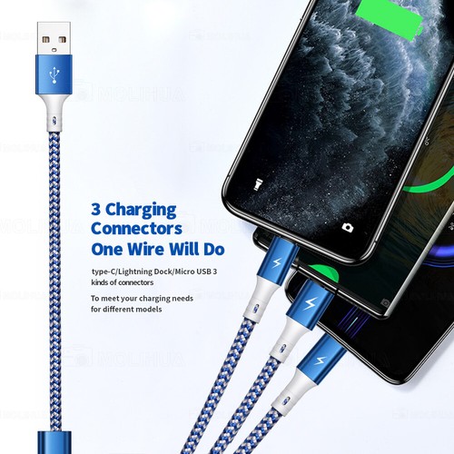Multi-USB Kabel Universal Ladekabel 3in1 Nylon Mehrfach Handy Adapter Lang Kabel - Bild 3 von 15
