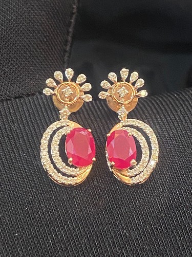 3.09 Cts Round Brilliant Cut Natural Diamonds Ruby Dangle Earrings In 14K Gold - Picture 6 of 12