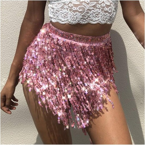 Glitzer Damen Rock Pailletten Rock Bauchtanz Rock Cowgirl Rave Outfit Hüfttuch - Bild 26 von 34