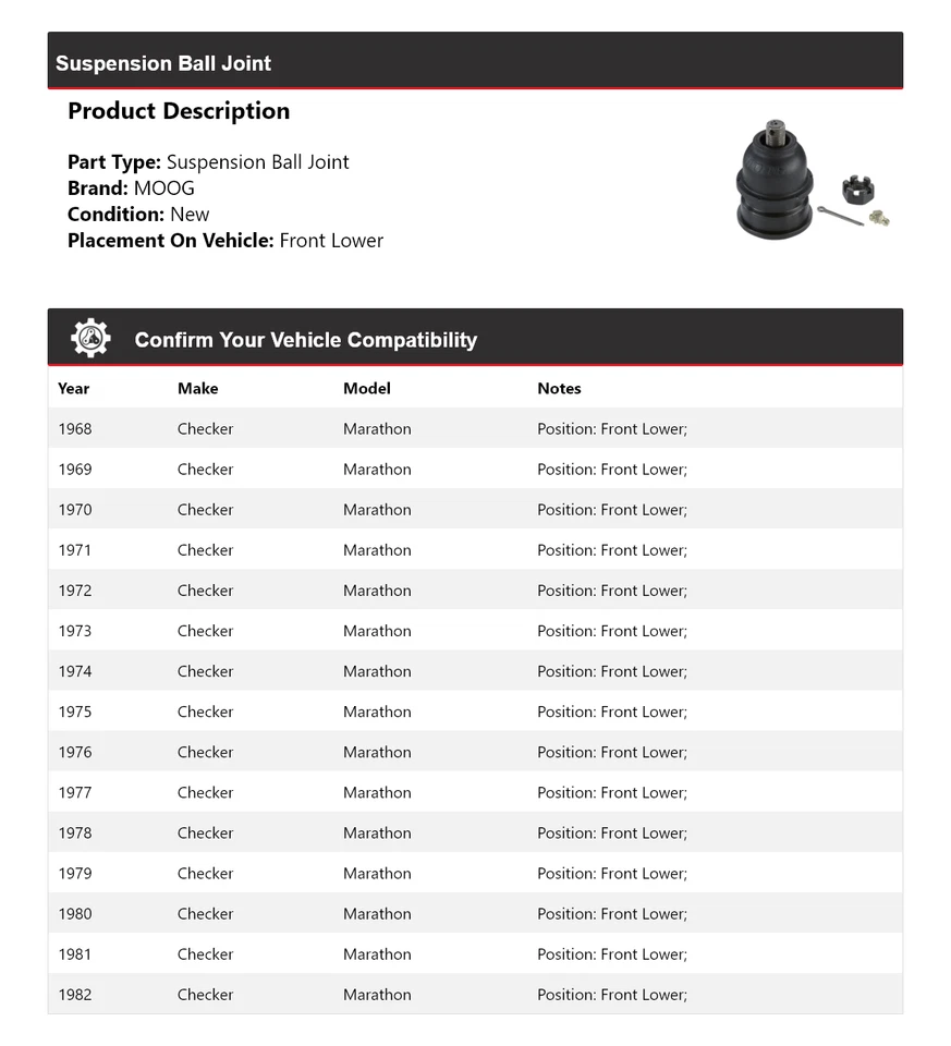 Rótula de suspensión delantera inferior para Checker Marathon 1968-1982 MOOG 1968 1969 Foto 2 de 4