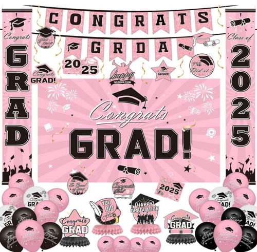 Graduation Decorations 2025 Set - Pink Themed Congrats Grad Banner Backdrop H... - Picture 2 of 6