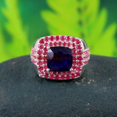 Heizbar Blauer Saphir & Rubin Edelstein Mit 925 Sterlingsilber Ring für Men #252 - Bild 1 von 4