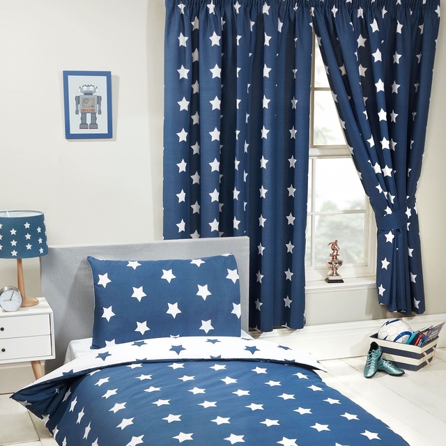 Navy Blue White Stars Fully Lined Curtains With Tie Backs Boys 66