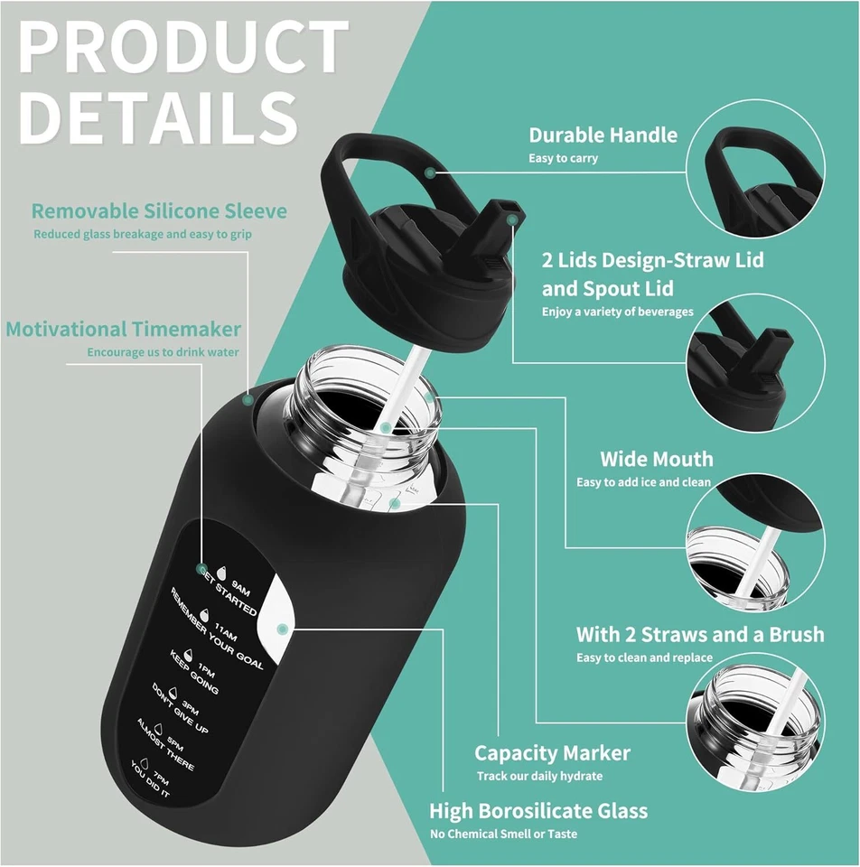 64 oz. Jarra de vidrio botella de agua con pajita y mango Foto 3 de 4