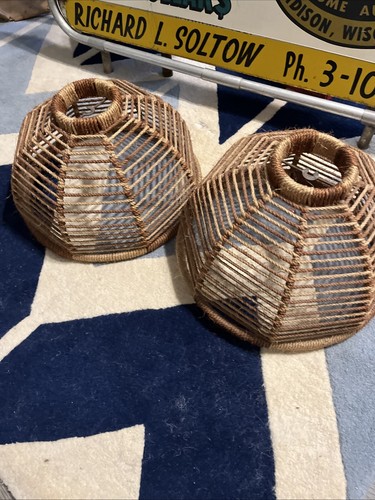 Vintage Mid Century Boho Lamp Shades Rattan Wicker 16” Geometric Super Cute Pair - Picture 11 of 17