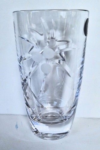 Vase VTG Bohemia Crystal Barrel 17cm Etched Palm Tree Cut Glass Czech Republic - Picture 7 of 9