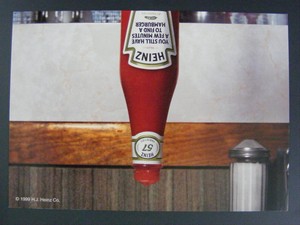 heinz ketchup bottle upside down color promo advertising postcard