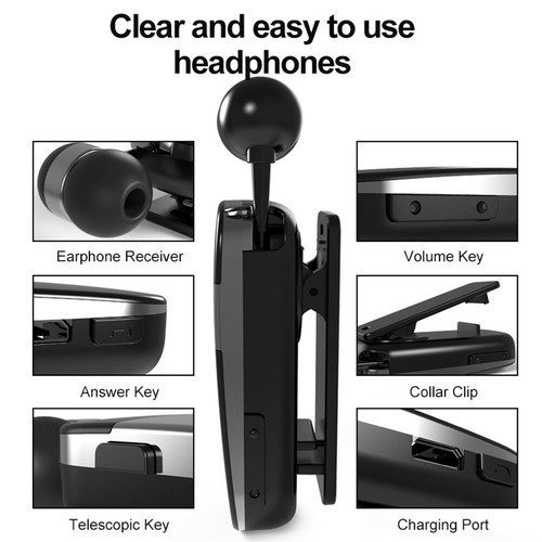 Handsfree Bluetooth Music Headset In Ear Earphone Clip Earbud Retractable Cable - Picture 11 of 16