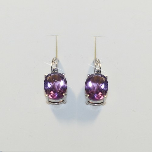 6ct Genuine Oval Amethyst Diamond Leverback Earring 14k White Gold over 925 SS - Picture 2 of 6