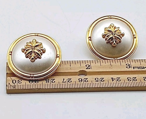 Vtg Avon Earrings Large White Button Studs Dome Rhinestone Gold Tone Pierced - Picture 7 of 7