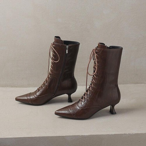 Women's Spring Fashion Work Pointed Toe Lace Up Side Zip Mid Heel Mid Calf Boots - Bild 17 von 21