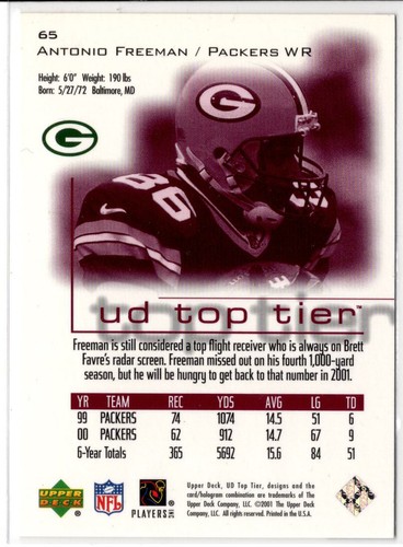 2001 Upper Deck UD Top Tier Antonio Freeman No. 65 Green Bay Packers - Bild 2 von 2
