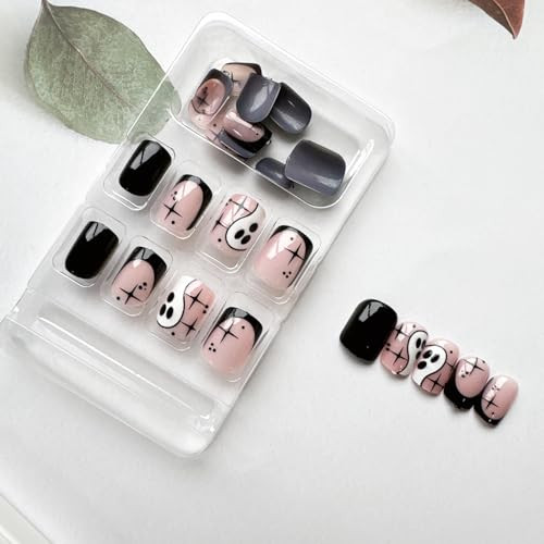 Halloween Press on Nails French Tip Fake Nails Short Square False Nails with - Bild 4 von 7