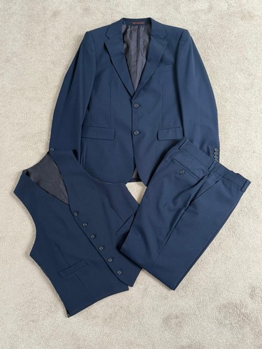 Jeff Banks Blue Wool Blend 3 Piece Suit - Jacket & Waistcoat 38R, Trousers 32R