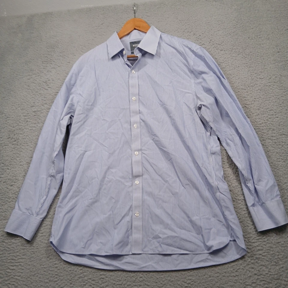 Camisa de vestir Bonobos para hombre 17,5 35 azul a rayas sin arrugas a medida calce ajustado Foto 2 de 4