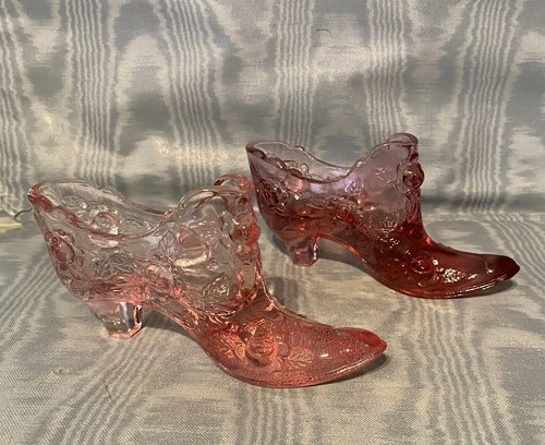 Vintage Rare Fenton  Pink Roses Ladies Glass Shoes ( 2 )   USA