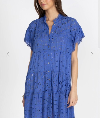 Johnny Was Size L Blue Eyelet Embroidered Tiered Button Down Mini juniper dress