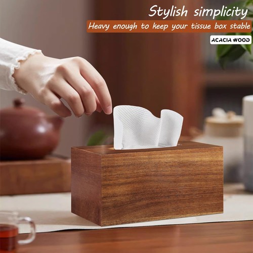 Tissue Box Cover,Acacia Wood Tissue Box Cover Rectangle with Slide-Out Bottom... - Picture 3 of 7