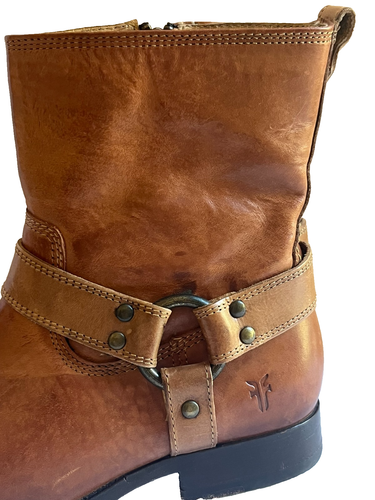 Stivali donna Frye punta tonda zip taglia 7 B caviglia pelle marrone imbracatura vintage - Foto 11 di 19