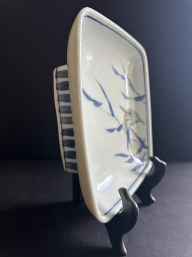 Vtg Gump’s Pedestal Porcelain Square Dish Bowl Hand Painted King Fisher Bird 8” - Picture 3 of 24