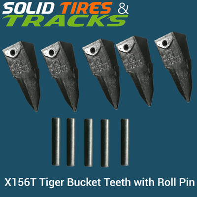 5 Pack X156T Tiger Bucket Teeth with  P156 Roll Pins- Heavy Duty